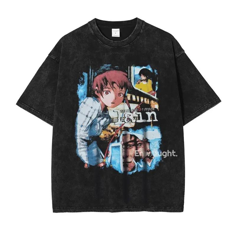 New Arrival Mens Clothes Tee Shirt Homme T-Shirts Men Tshirt for Men Anime Iwakura Lain Vintage Washed Manga Pattern