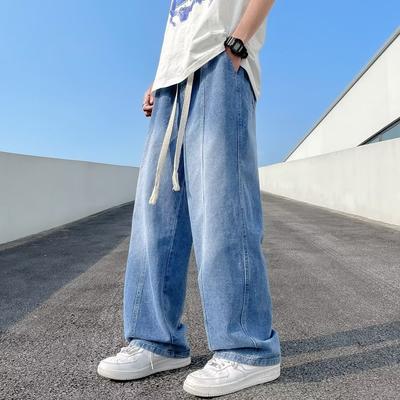 JYL Men's Straight Jeans Summer Hong Kong Style Elastic Waist Loose Wide-Leg Denim Pants