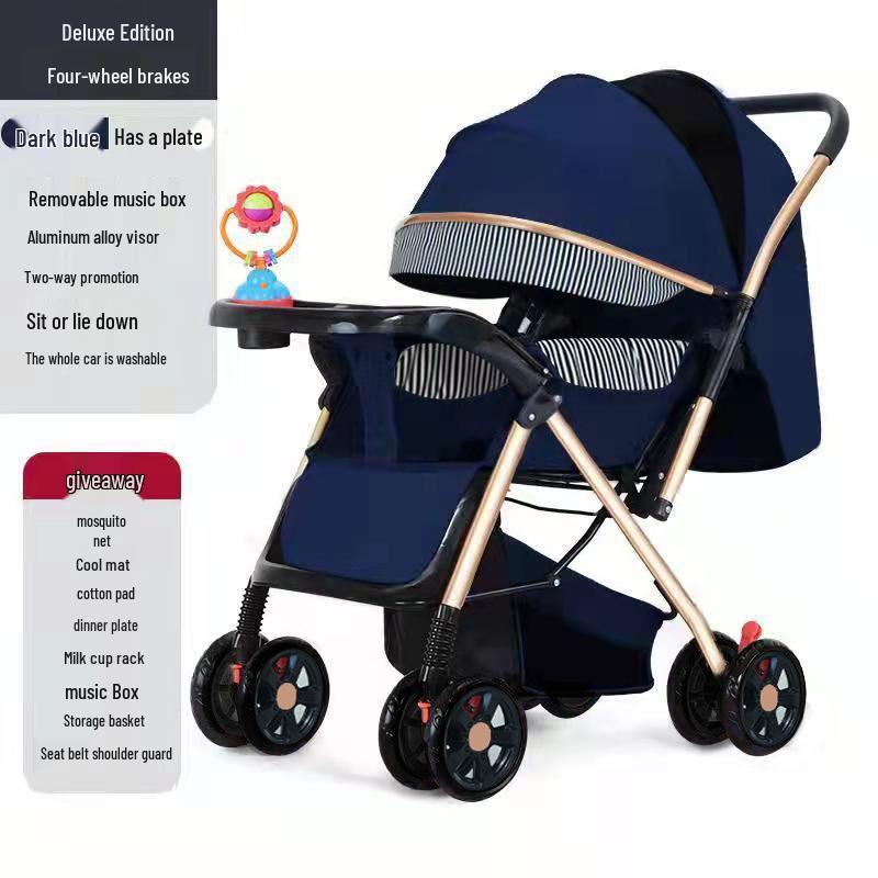 Reversible Foldable Baby Stroller with Shock-Absorbing Wheels and Large Sleep Basket