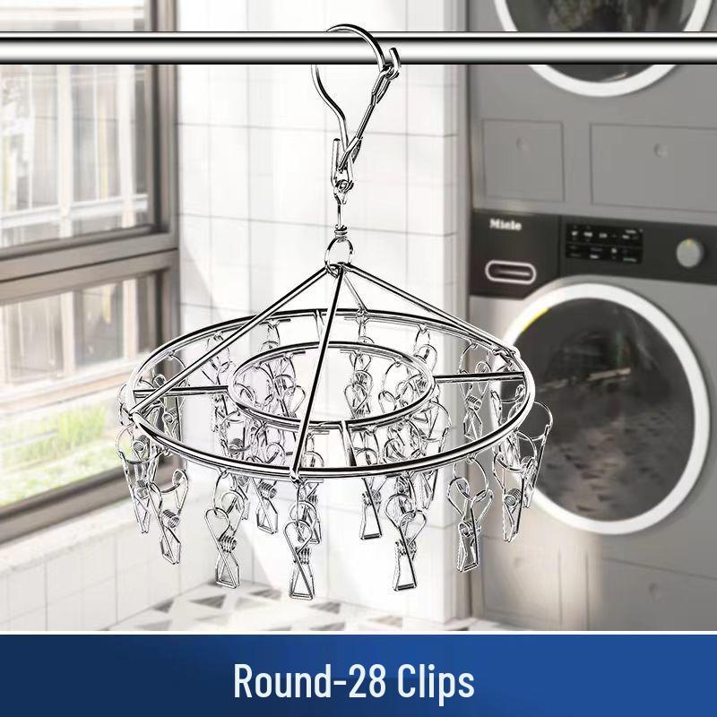 Stainless Steel Multifunctional Windproof Sock and Clothes Hanger with Clips for Home and Dorm Use.