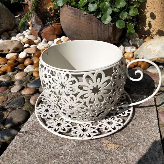 Vintage Teacup Planter Iron Floral Cutout Flowerpot Decorative Plant Pot for Succulents Herbs Flowers Indoor Outdoor Garden Decor