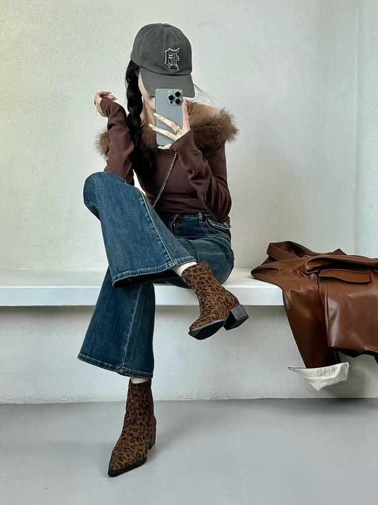 

Южная Корея Дондэмун тонкие ботильоны женские ботинки осень и зима новые ретро замшевые остроносые толстый каблук высокий каблук короткие ботинки модные ботинки женские 35 леопардовый