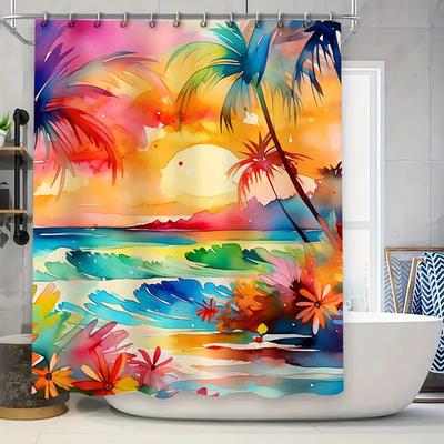 Sunset Palm Tree Beach Shower Curtain Modern Coastal Design For Bathroom Decorations