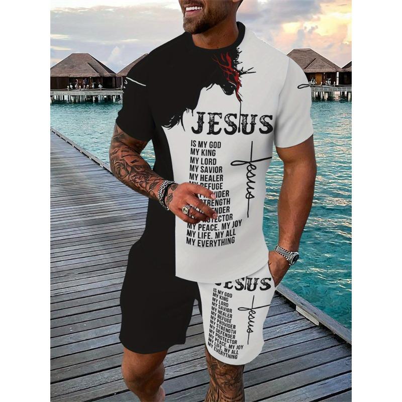 Mens Summer TwoPiece Set Animal Lion 3D Print Crew Neck Short Sleeve T-Shirt & Drawstring Shorts Outdoor