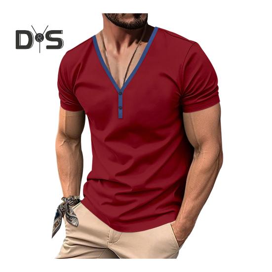 Herren Sommer T-Shirt Kurzarm Geknöpft V-Ausschnitt Kontrastfarbe Slim Fit Lässiger Pullover Mittellanges Oberteil für Outdoor-Sport