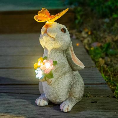 Statue de Chat Lapin Solaire Décor de Jardin Lumière LED Résine Sculpture d'Animal Figurine Décoration Extérieure pour Cour