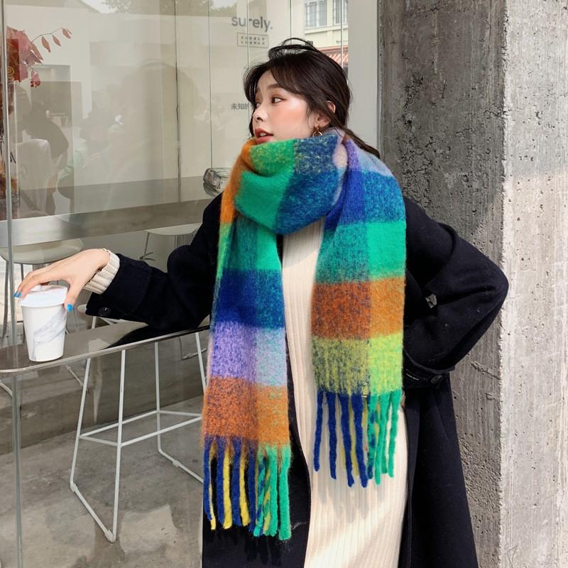 Soft Faux Cashmere Winter Scarf Women Extra Long 250x40cm Oversized Shawl With Fringe Warm Thick Double-Sided Colorblock