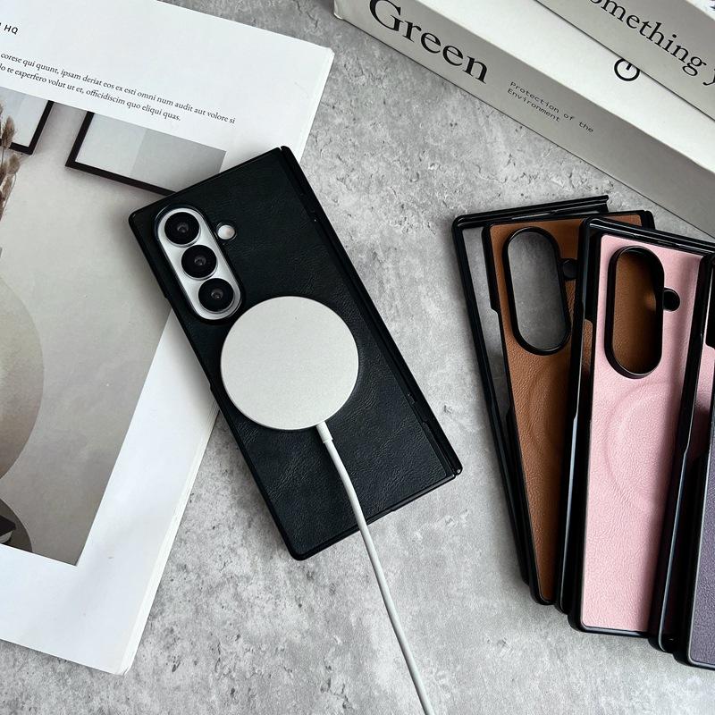 For Samsung Galaxy Z Fold 7 6 5 4 3 Fold7 Fold6 Magsafe Phone Case Film Leather Hinge Folding Wireless Charging Magnetic Cover