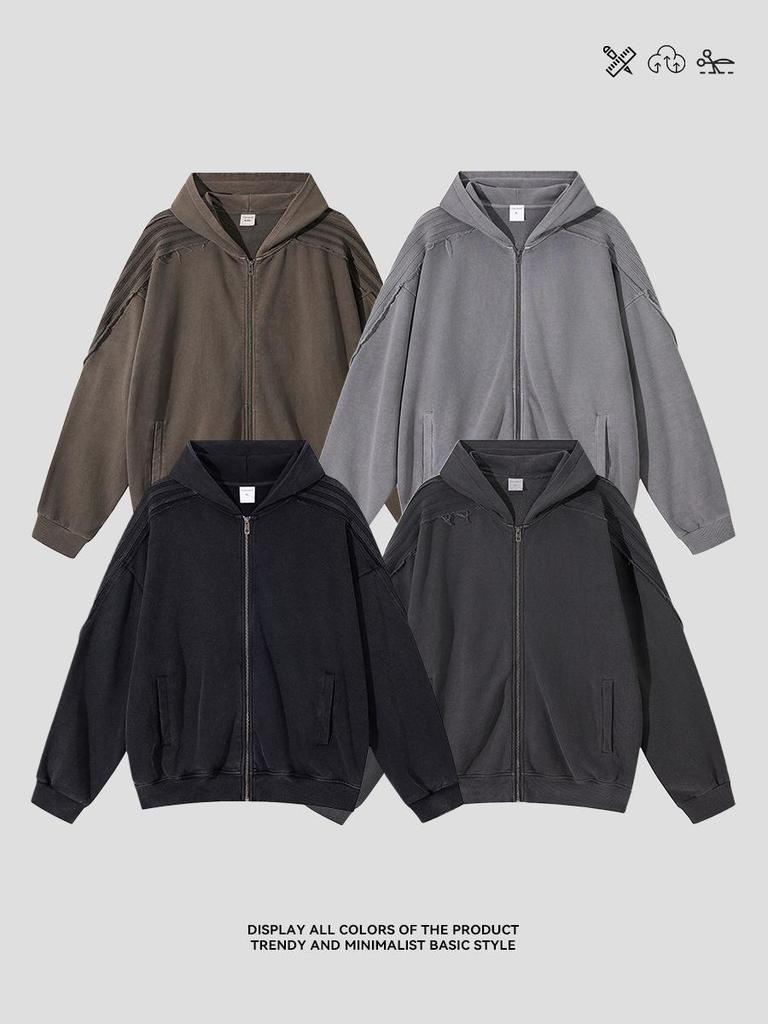 High Street Men's Retro Patchwork Hoodie - Pure Cotton Heavyweight 420G Loose Fit Zipper Jacket