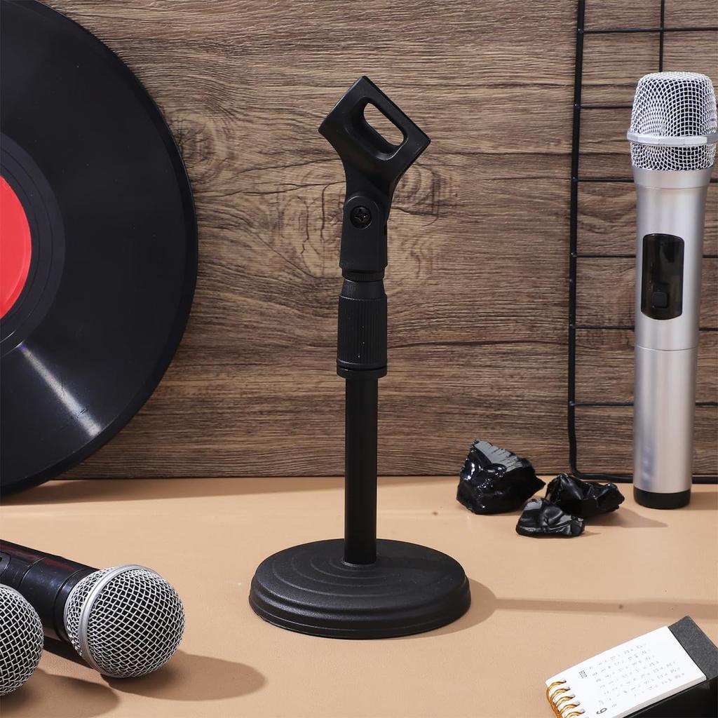 KALLORY Microphone Stand Desktop Round Base Adjustable Height 26-36cm Microphone Clip Included Lightweight Space-Saving Black