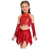 Girls Jazz Sleeveless Keyhole Back Sequins Crop Top Asymmetric Metallic Skirt Sequined Tassels Gloves Set