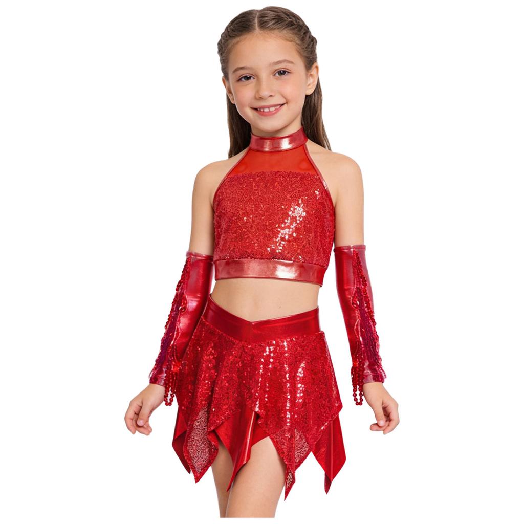 Girls Jazz Sleeveless Keyhole Back Sequins Crop Top Asymmetric Metallic Skirt Sequined Tassels Gloves Set