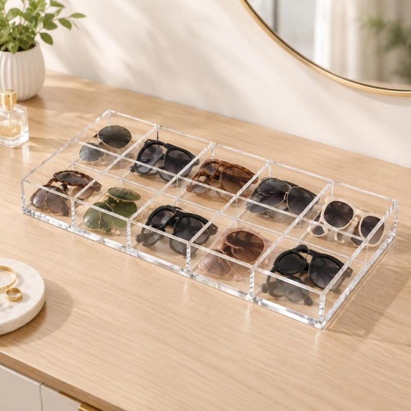 Clear Acrylic Eyeglasses Tray with 6 Separate Compartment for Visible Storage in Closets, Entryway Cabinets, or on Dressing Tables