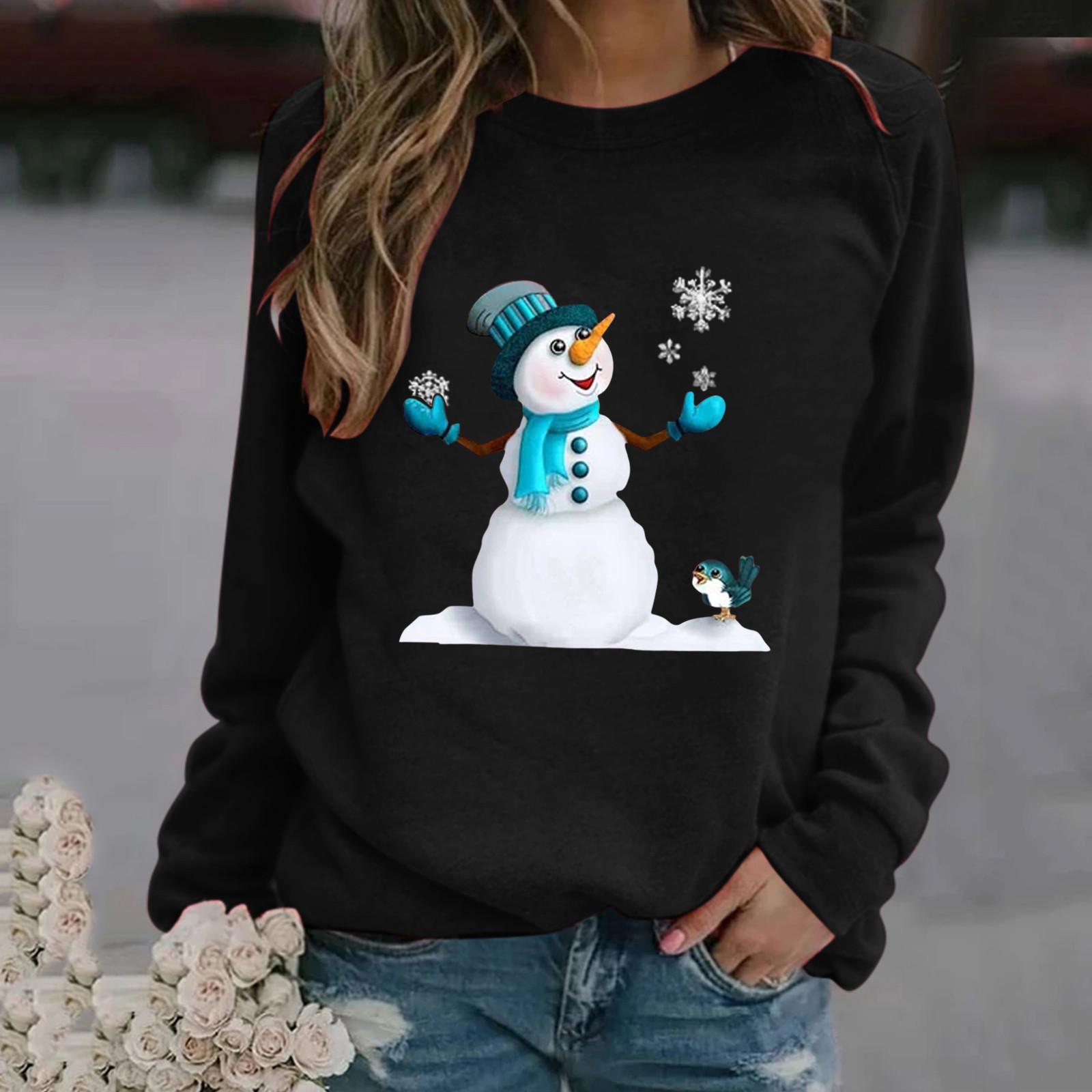

Women s Christmas Print Long-sleeved Sweatshirt Casual Blouse Pullover L чёрный