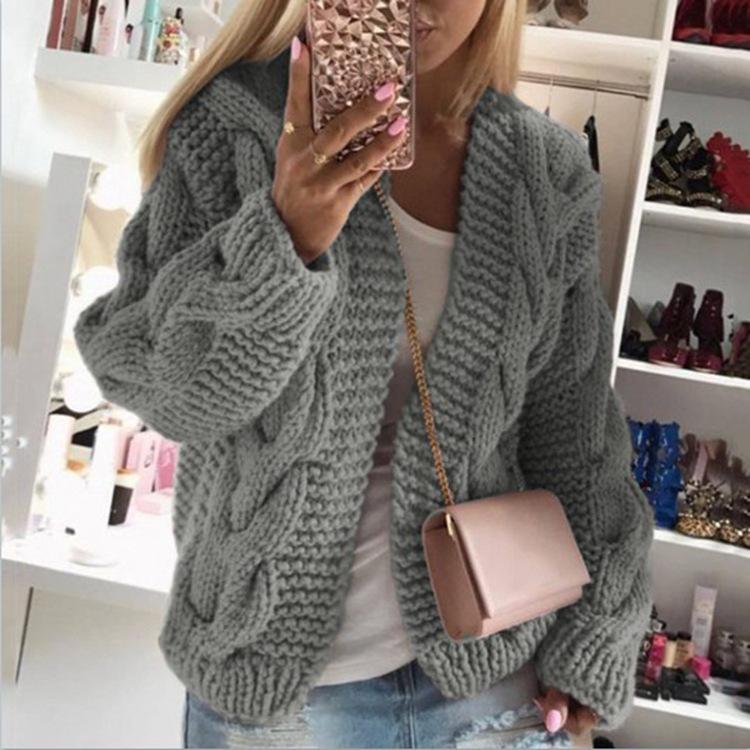 2026 Autumn/Winter Bestseller: Women's Cable Knit Hat Cardigan, European & American Style Chunky Sweater, Solid Color