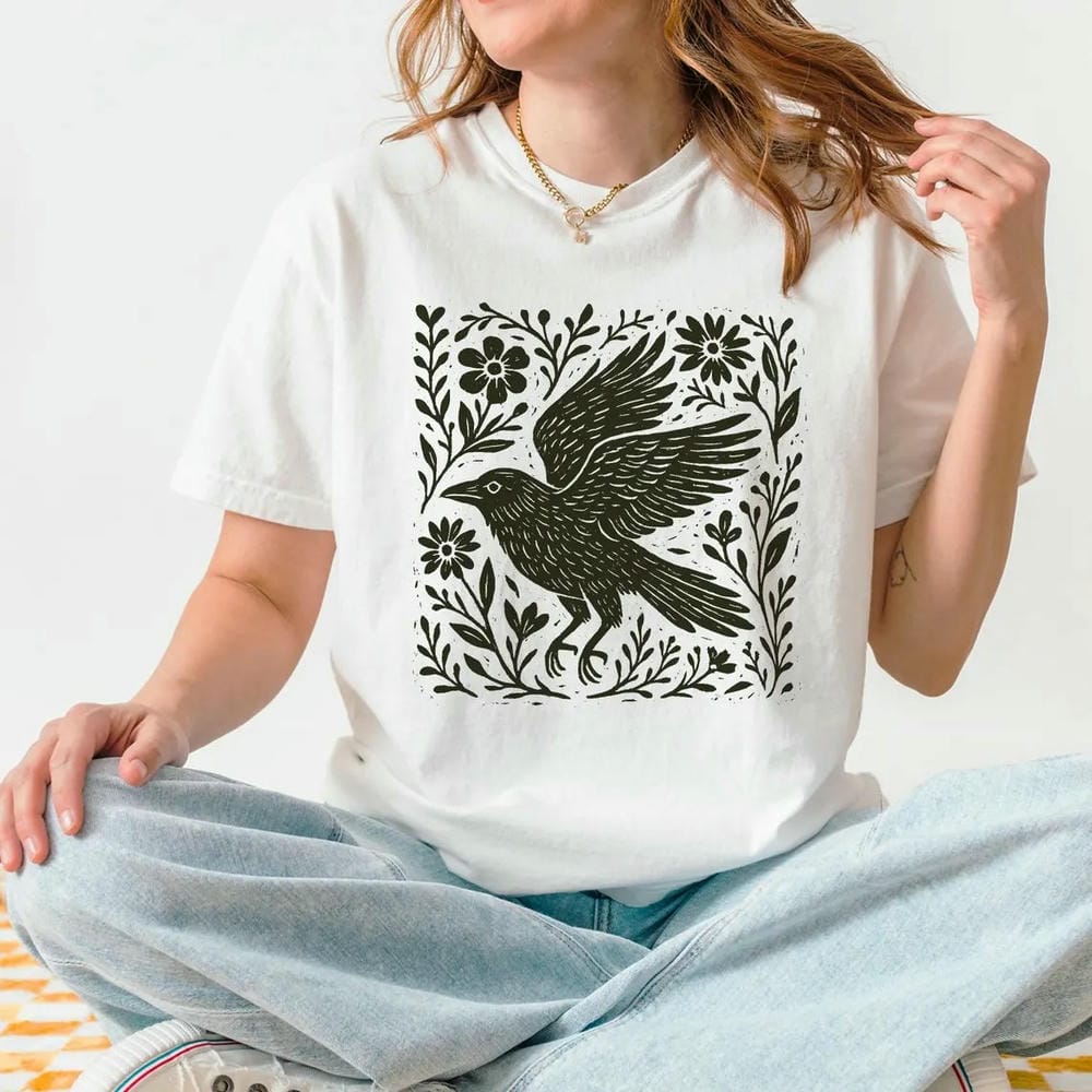 Retro Folklore Waldkrähe Linolschnitt Hemd Volkskunst Linolschnitt Krähe T-Shirt Kurzarm Baumwolle Unisex Y2K Lässiges Oberteil Streetwear