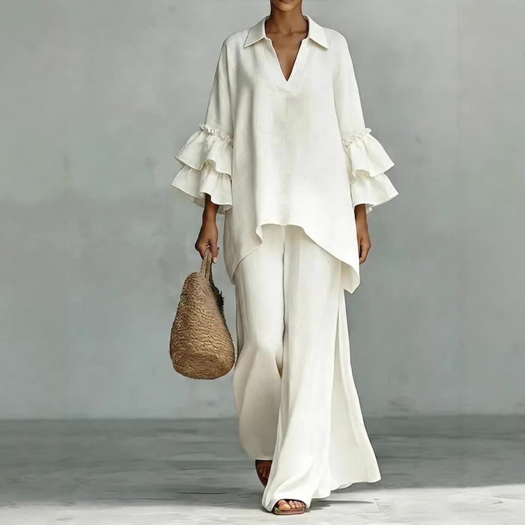 Bohemian Style Casual Twopiece Pants Suit With Spliced Cotton Linen For Women Summer Comfort