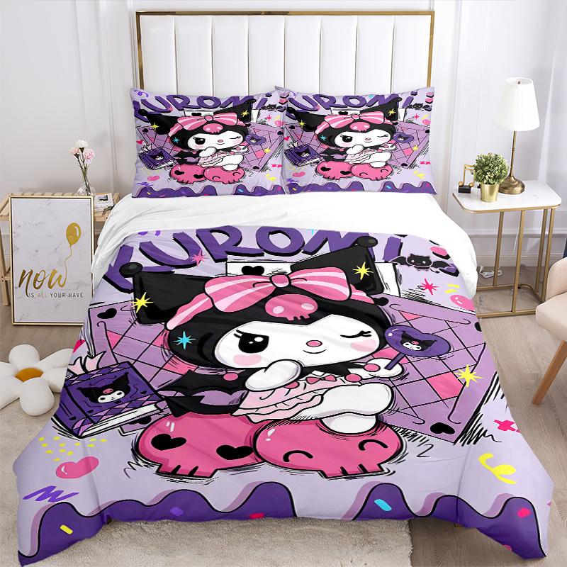 3pcs Kuromi's Sweet Halloween Adventure Sanrio Print Bedding Set (1 Cover + 2 Pillowcases, Without Inserts),  Soft and Comfortable S058
