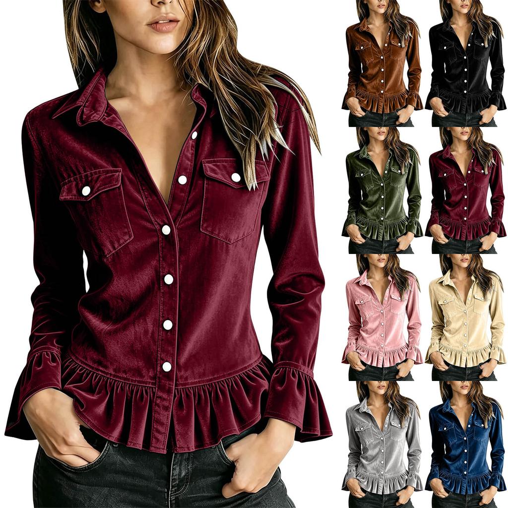 Women's Casual Top with Ruffle Trim Bell Sleeves Button Front Pockets