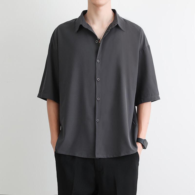 Men's Black Satin Short Sleeve Shirt Casual Oversized Streetwear Top