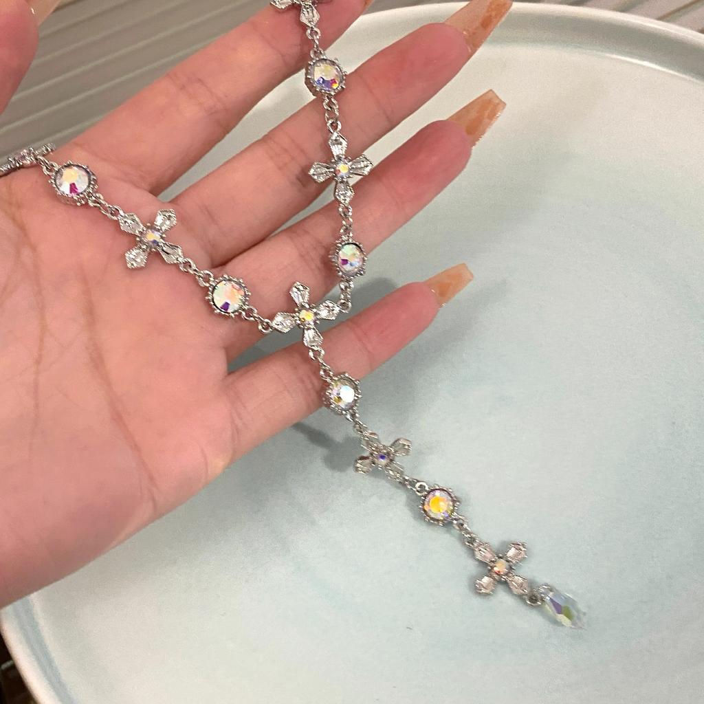 Tide cool colorful laser crystal cross Y word choker necklace female hottie niche personality collarbone chain accessories