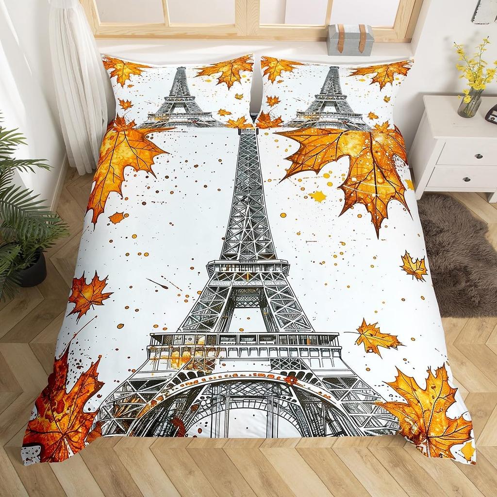 Set Biancheria da Letto Torre Eiffel Matrimoniale per Bambini Ragazze Donne Stampa Floreale Europea 3D Copripiumino Vintage Tematica Coppie Copripiumino