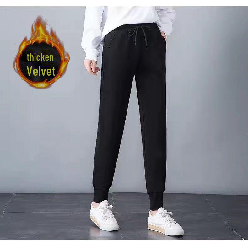 Women's Black Velvet-Lined Sports Sweatpants - Loose, Warm, Trendy Casual Wear for Autumn and Winter