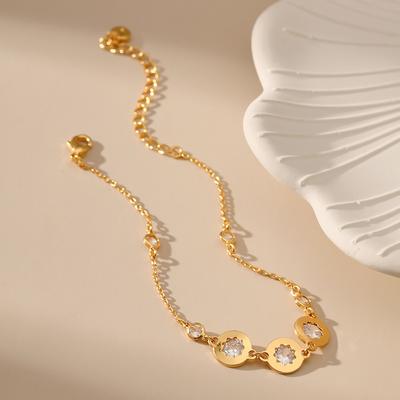 Minimalist Thin Chain Glass Diamond Metal Round Piece 18k Gold Plated Bracelet For Women