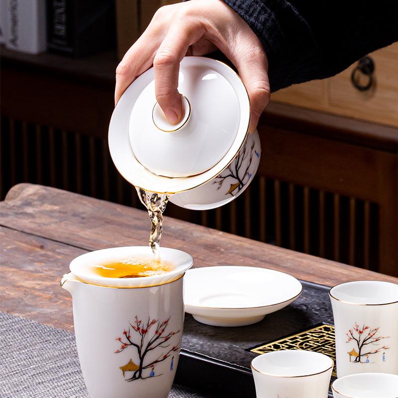 White Porcelain Tea Bowl Suet Jade Kung Fu Tea Set Ceramic Cover Bowl Teacup Annual Meeting Business Gift Set Formulation
