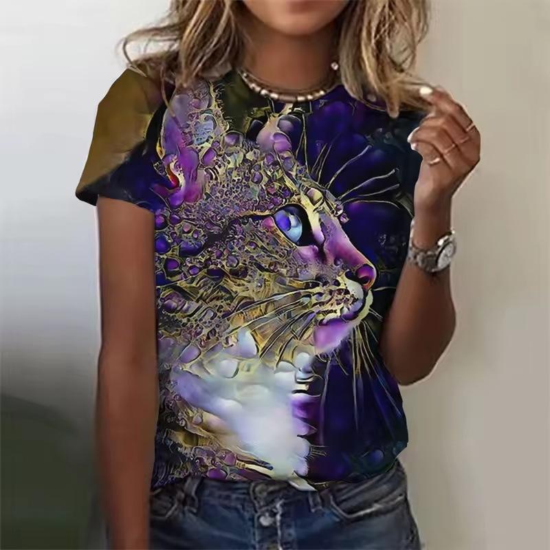 Summer Round Neck 3D Cat Pattern Print Top Fashionable Casual Short Sleeved Women's T-shirts