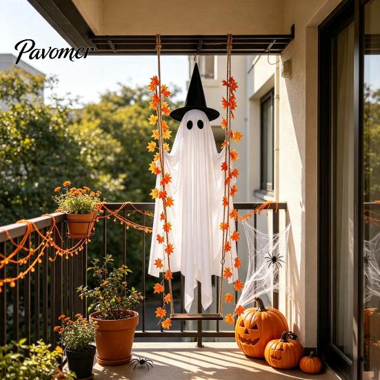 Ornements de Fête d'Halloween Suspendus Balançoire Fantôme Décoration d'Halloween avec Feuille d'Érable, Ornement Lumineux Créatif Aménagement de Festival Hauteur Réglable