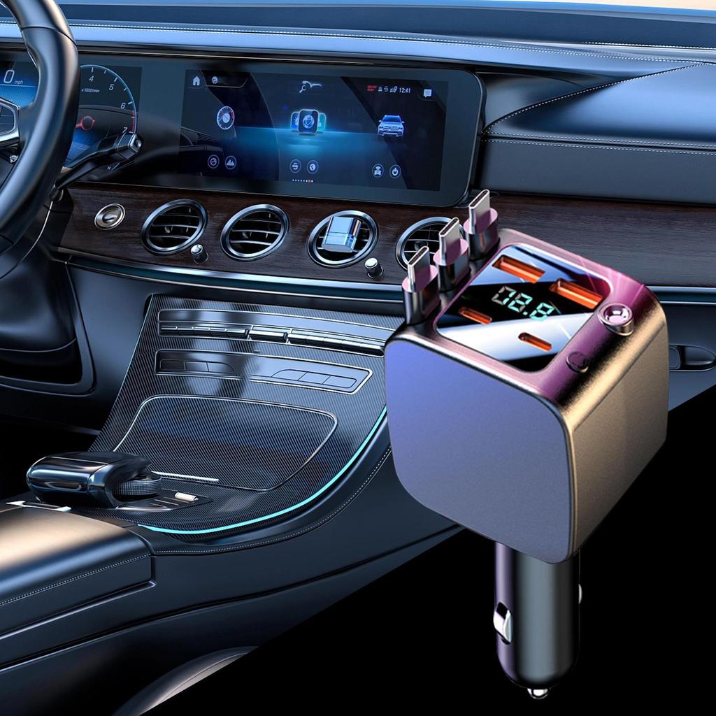 Car Charger With Retractable Cables Fast Charging 2 USB Ports Auto Supplies With Starlight Car Charging Port For Daily Commute