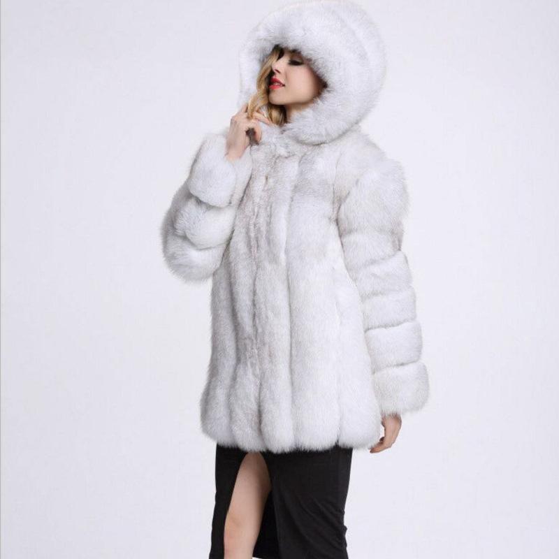 Women's Autumn And Winter Fashion Faux Fur Medium Long Coat Temperament Hooded Loose Plush Coat Casual Warm Jacket