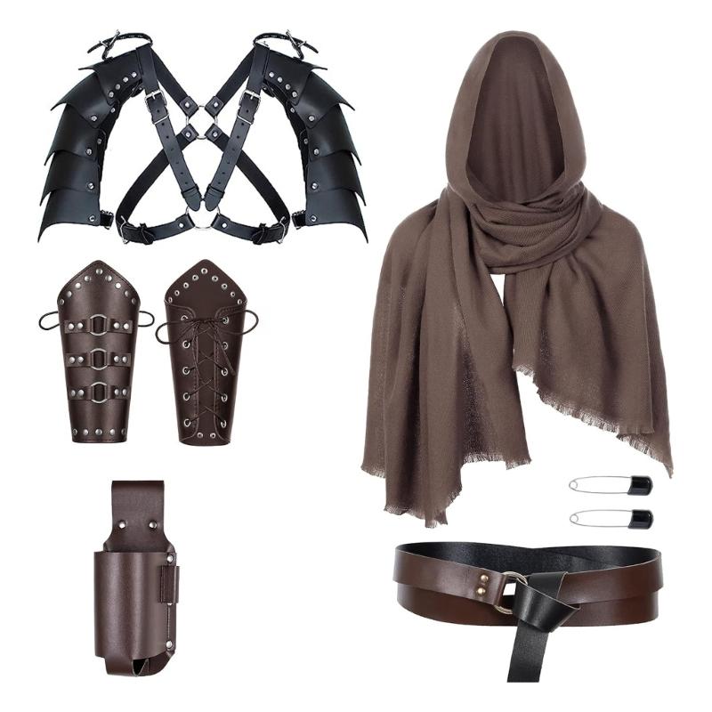 Completing Medieval Knnight Outfit Set Includes Faux Leather Shoulder Armors and Accessories for Historical Reenactments