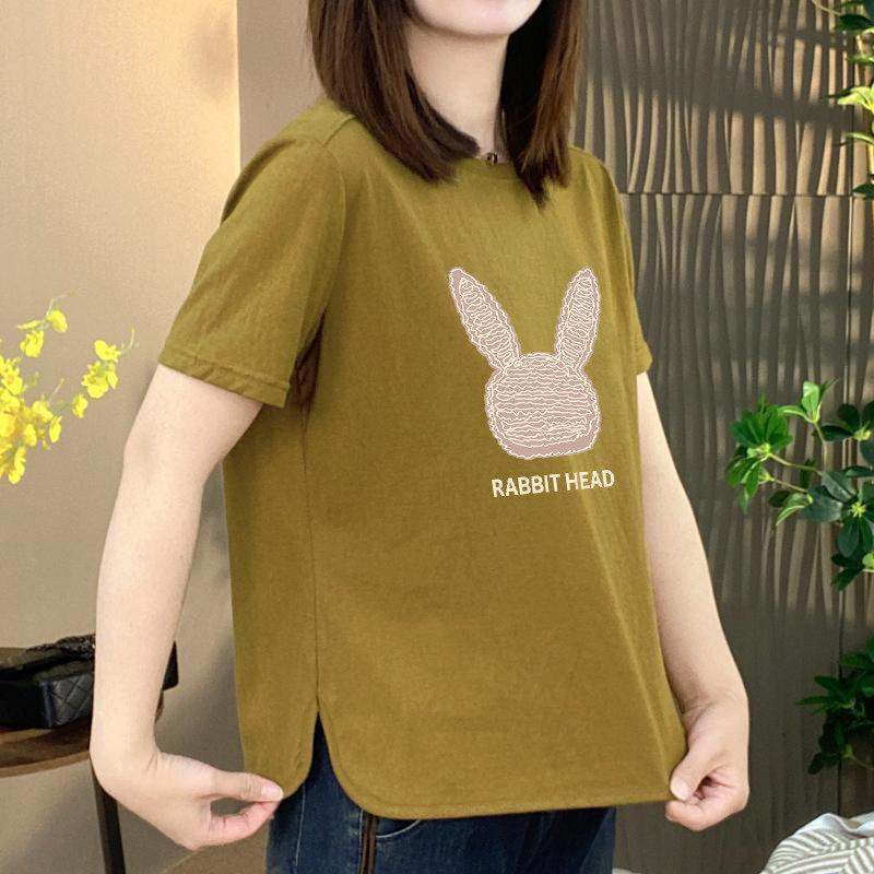 High-End Women s Summer Cartoon Rabbit Print Loose Round Neck T-Shirt XL