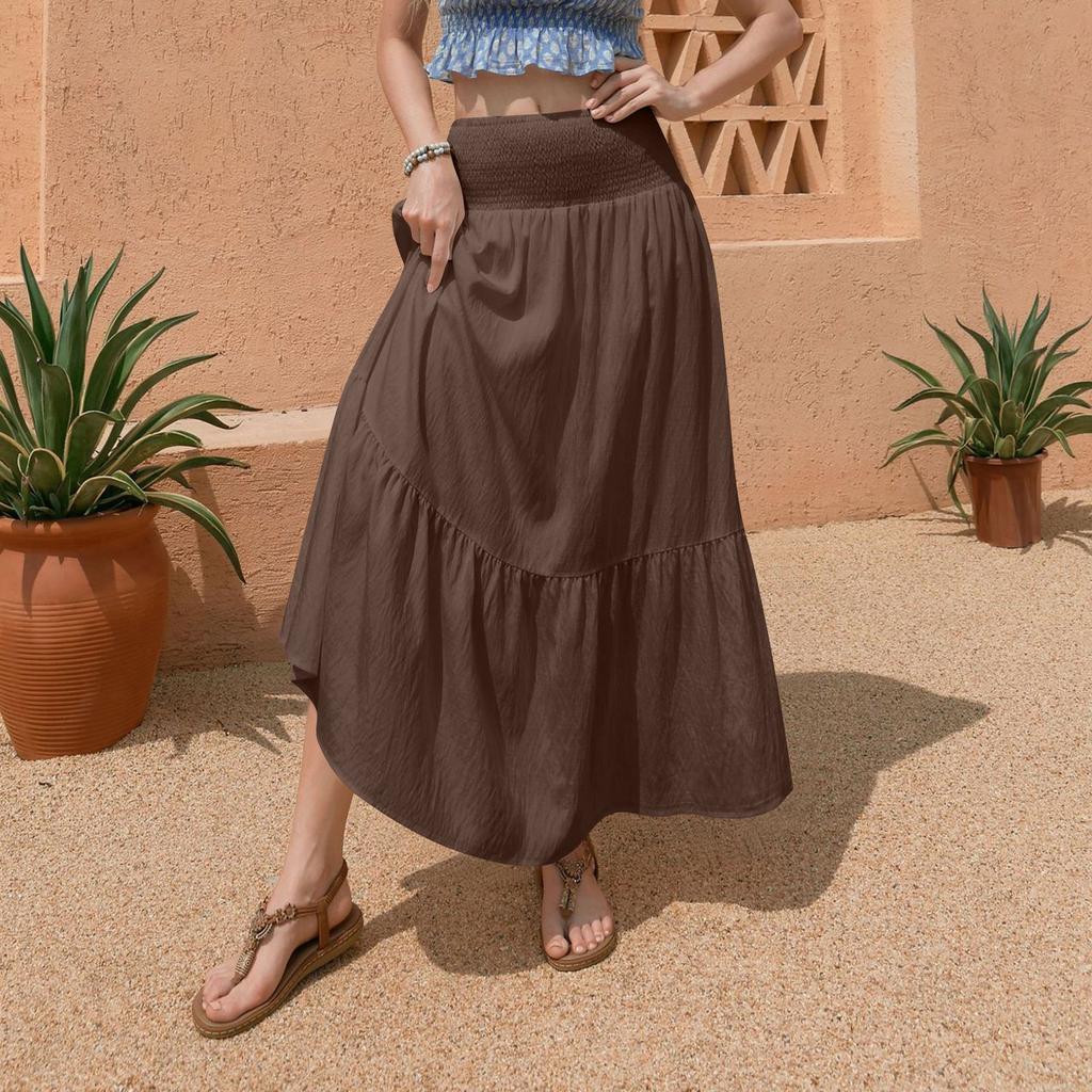 Falda Midi Casual Holgada de Verano para Mujer, Colorida, Cintura Elástica, Línea A, Bolsillo, Cintura Alta