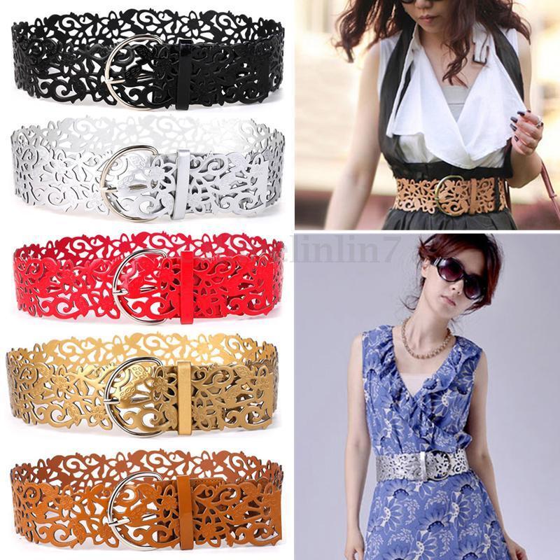 Women Hollow Out Belts Wide Buckle Cinch Waist Belt Dress Faux Leather Waistband