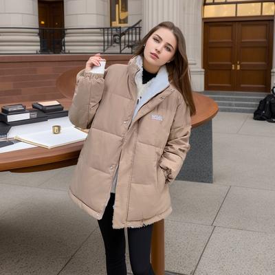 Women's Winter Short Front and Back Wear Loose Cotton-padded Jacket Standing Collar Velvet Warm Coat