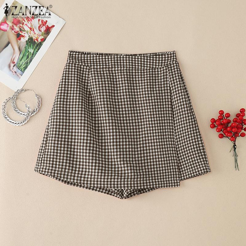 ZANZEA Womens Summer Elastic Waist Casual Grid Print Shorts