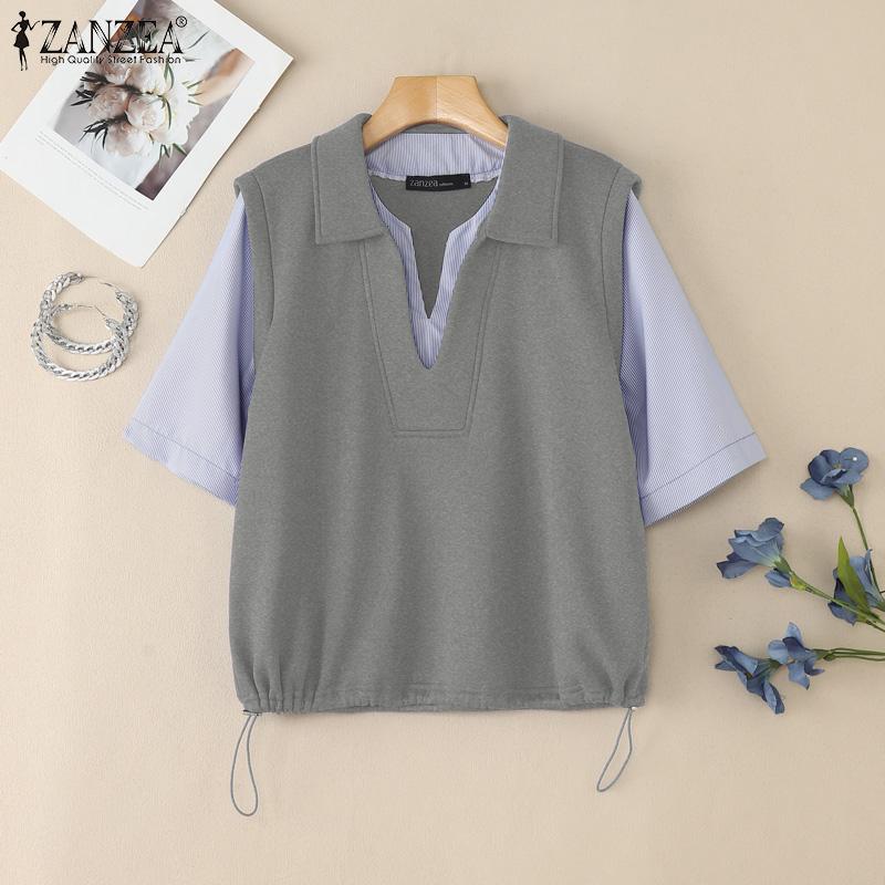 ZANZEA Women Casual Fake Two Piece Stripe Patchwork Short Sleeve Blouse