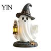 Miniature Ghost Statue Lighted Halloween Figurine, Spooky Resin Witch on Pumpkin/Holding Lantern LED Night Light Figurine with for Desktop Bookshelf