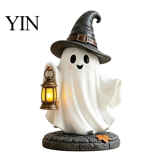 Miniature Ghost Statue Lighted Halloween Figurine, Spooky Resin Witch on Pumpkin/Holding Lantern LED Night Light Figurine with for Desktop Bookshelf