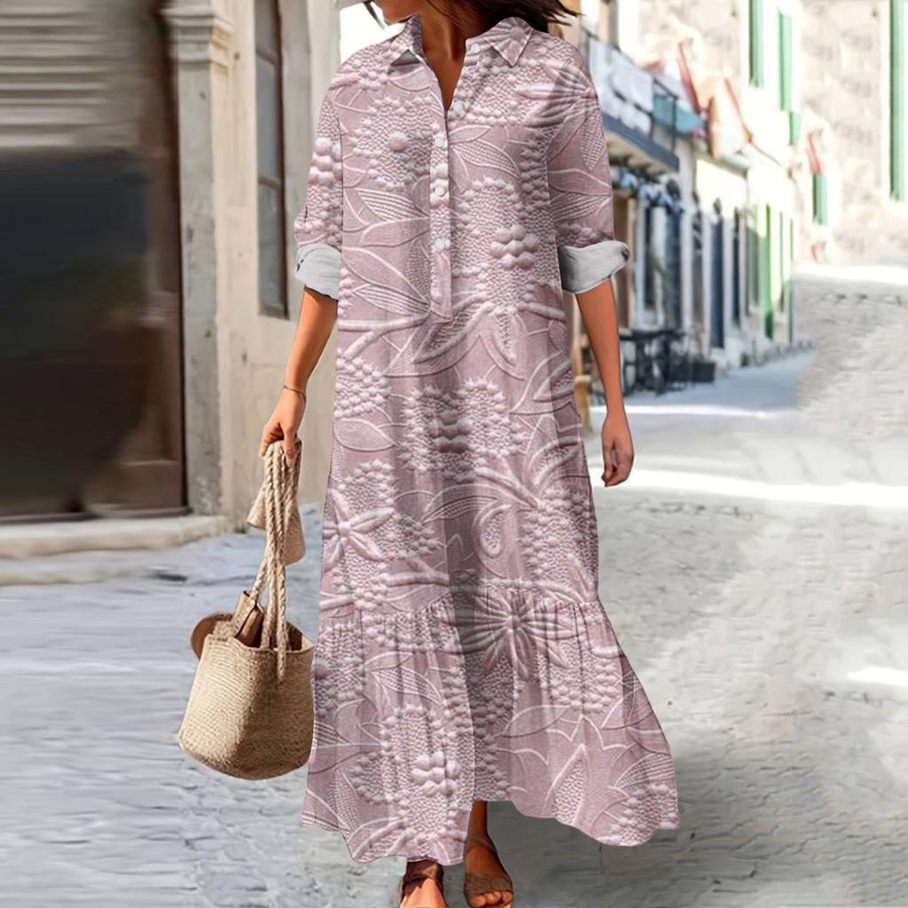Women's Fashionable And Elegant Autmn And Winter Button Lapel Three-quarter Sleeve Three-dimensional Printed Dress