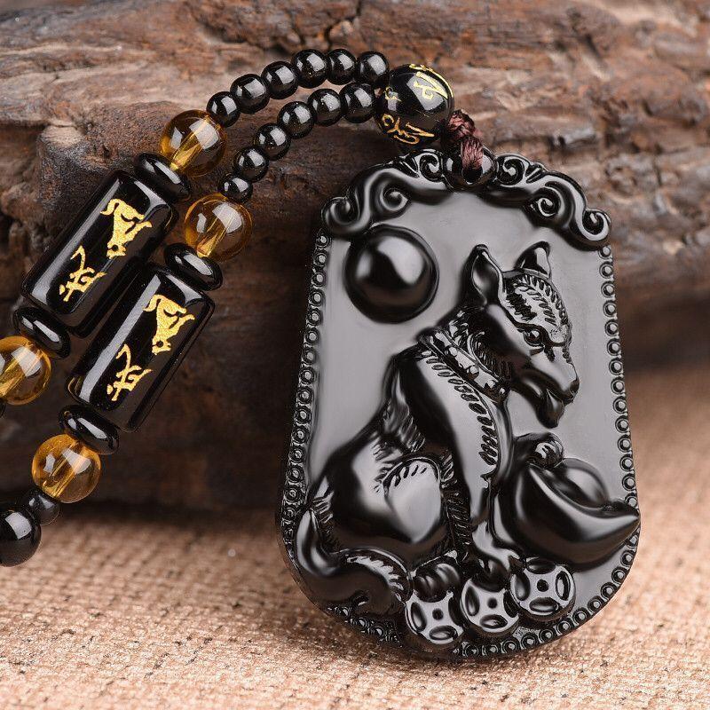 Fashion Chinese Style Zodiac Obsidian Carving Animal Horse Pendant Charm Men and Women Couple Amulet Necklace