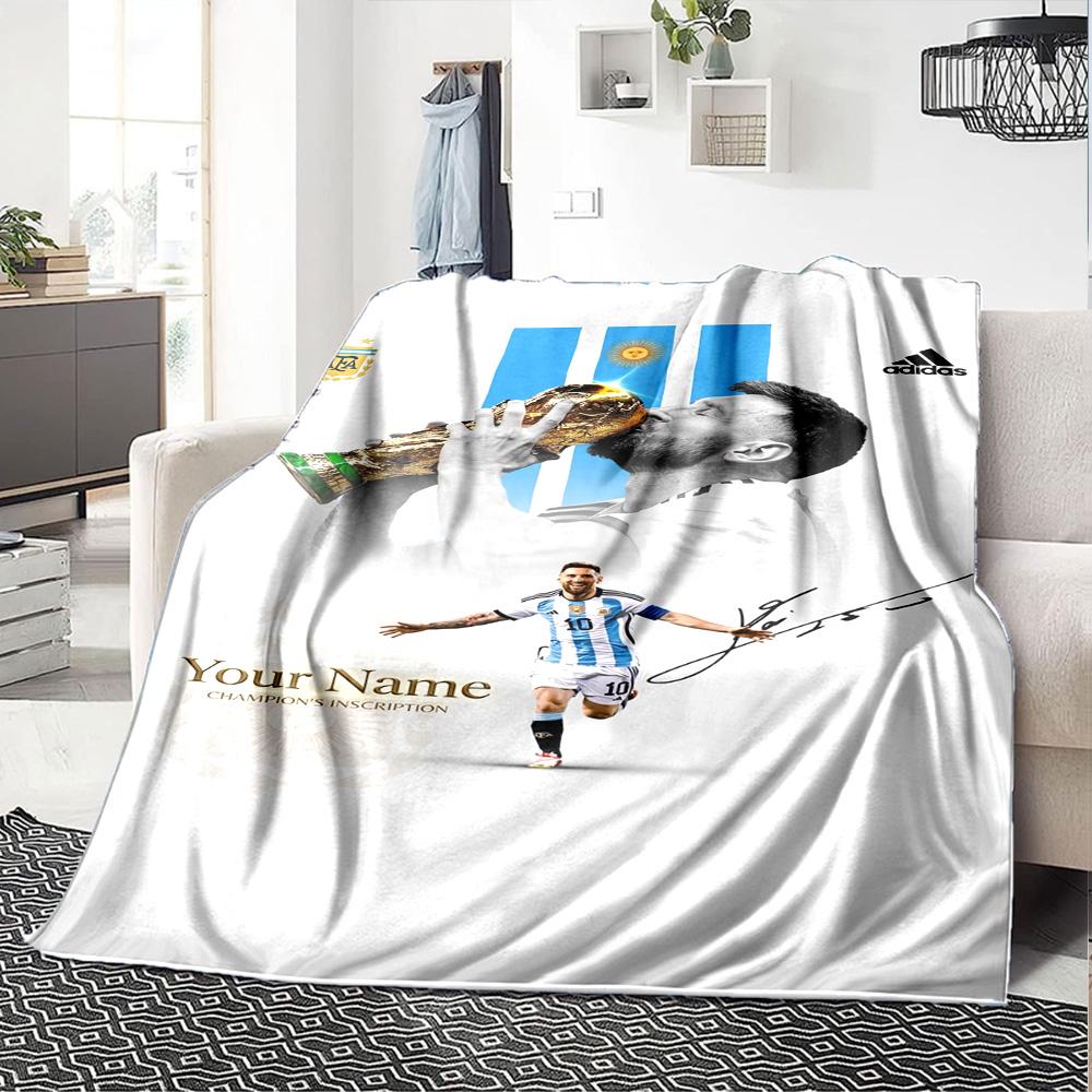 Football Messi Personalized Name Blanket Throw Customizable Blanket Comfortable Great for Picnics Couch Office Chair Sofa All-Season Use