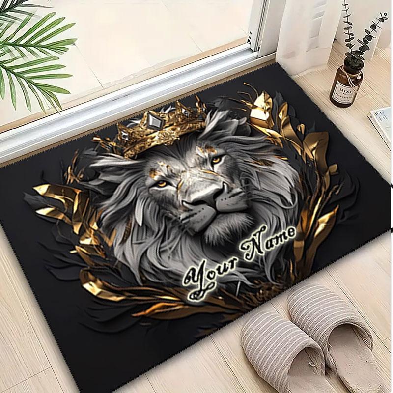 1PC Custom Name Lion Majesty Golden Crown Theme Floor Mat Ideal for Living Room, Game Rooms, Office, Bedroom,Floor Mat Playful Design