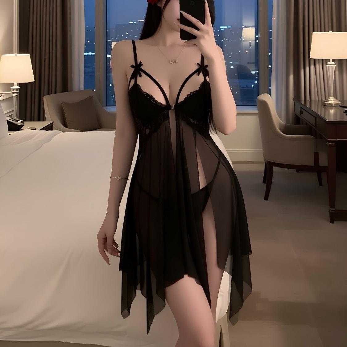 

Sexy lingerie sexy perspective front buckle open pajamas hot transparent pure desire temptation passion suit One size fits all чёрный
