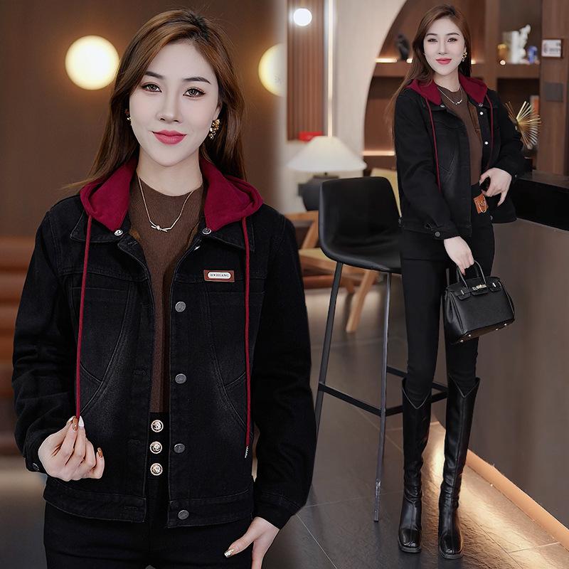 Women's Thick Velvet Hooded Denim Jacket - Autumn/Winter 2025 Chic Casual Top