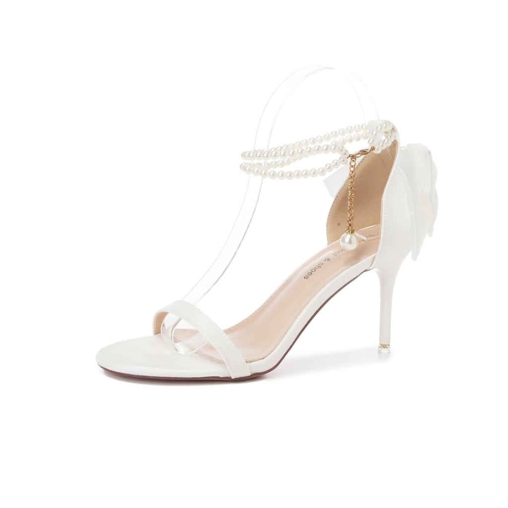 Pearl chain new sandals bow satin banquet wedding shoes high heels