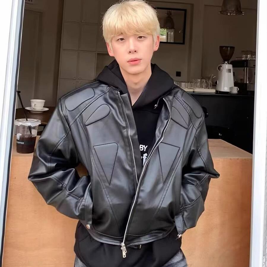Men's High-Street Deconstructed Leather Jacket with Shoulder Pads - Cool Autumn Motorcycle Design